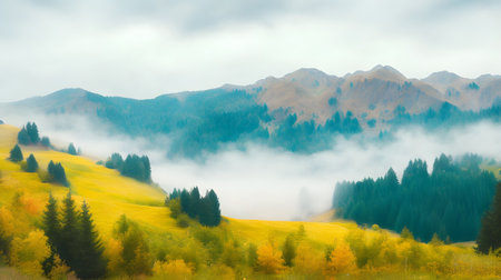 Foggy autumn morning in the mountains. Panoramic view.の素材
