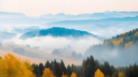 Foggy autumn morning in the Carpathian mountains, Ukraine.の素材
