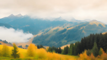 Panoramic view of autumn alpine forest and high mountains.の素材