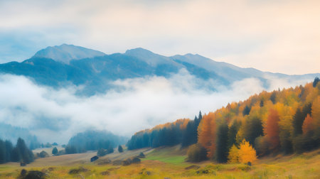Foggy autumn morning in the Carpathian mountains, Ukraineの素材