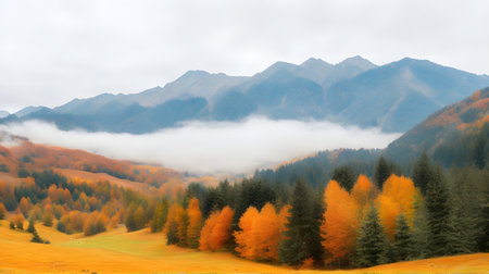 Foggy mountain landscape with colorful autumn forest in the mountains.の素材