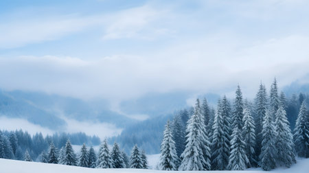 Winter landscape with snow covered fir trees. Panoramic view.の素材