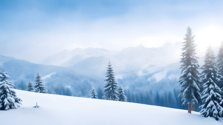 Beautiful winter landscape with snow covered fir trees and blue sky.の素材