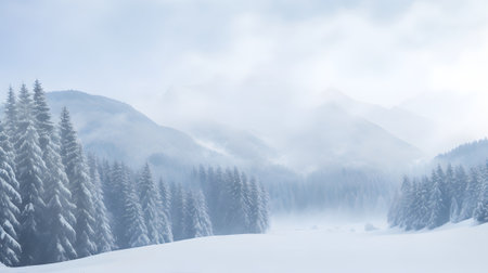 Foggy winter landscape with fir trees in mountains, panoramaの素材