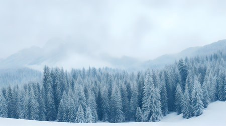 Winter landscape with snow covered fir trees in mountains. Christmas background.の素材
