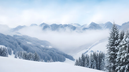Winter landscape with snow covered fir trees in mountains. Panoramic viewの素材