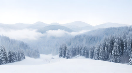 Foggy winter mountain landscape panorama with fir trees covered with snowの素材