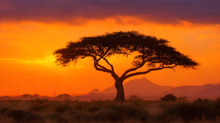 African savannah sunset with acacia tree in Namibia, Africaの素材