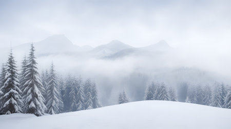 Winter landscape with snowy fir trees in the mountains and foggy skyの素材