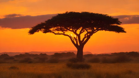African acacia tree at sunset in Serengeti National Park, Tanzaniaの素材