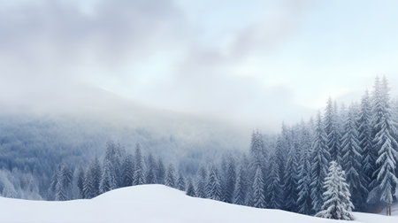 Fantastic winter landscape panorama with snow covered fir trees.の素材