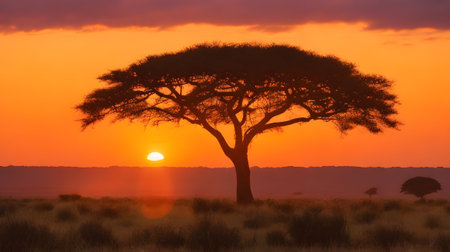Sunset over acacia tree in Serengeti National Park, Tanzaniaの素材