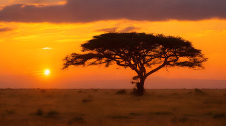 African savannah at sunset, Serengeti National Park, Tanzaniaの素材