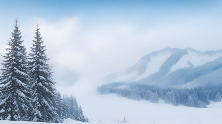 Foggy winter landscape with snow covered fir trees in mountains.の素材