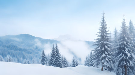 Foggy winter landscape with snow covered fir trees in the mountainsの素材