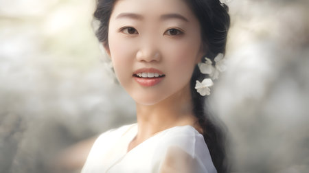 Beautiful asian woman in white dress with flower in her hairの素材