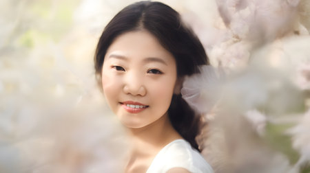 A shot of a beautiful asian woman in white dress and flowersの素材