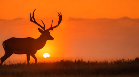 Silhouette of a red deer during sunrise in the wild natureの素材