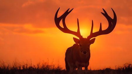 Silhouette of a wild buck with antlers at sunset.の素材