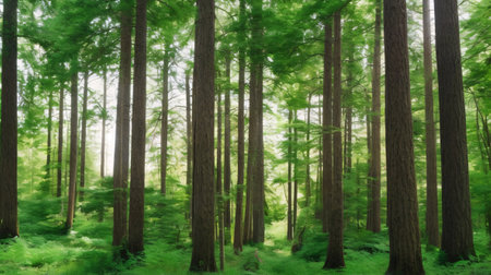 Beautiful view of a green forest with tall trees in the foregroundの素材
