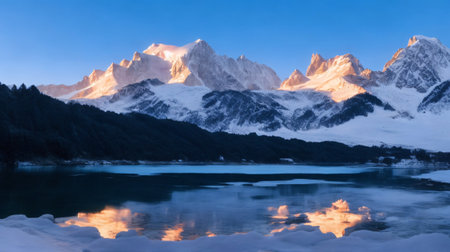 Mountain lake in the morning with reflection of mountains in the waterの素材
