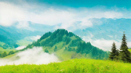 Panoramic view of green meadow and mountains in clouds.の素材