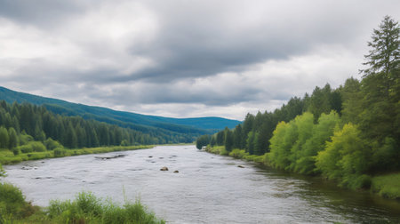 Landscape of mountain river with cloudy sky in the summer season.の素材