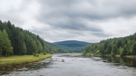 Panoramic view of the river and the forest on a cloudy dayの素材