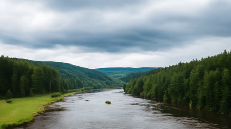 Panoramic view of the mountain river in the forest and cloudy skyの素材