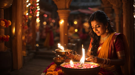 Beautiful indian woman lighting a candle at a temple in the eveningの素材