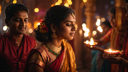 Indian people celebrating Diwali or Deepavali, the festival of lights.の素材