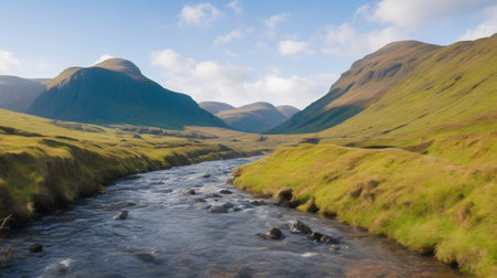 A panoramic shot of a river flowing through a valley in Scotlandの素材