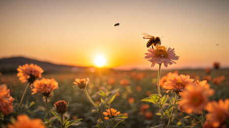 Bee on flower in the garden at sunset time. Nature background.の素材