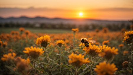 Bee on yellow flower in the field with sunset background. soft focusの素材