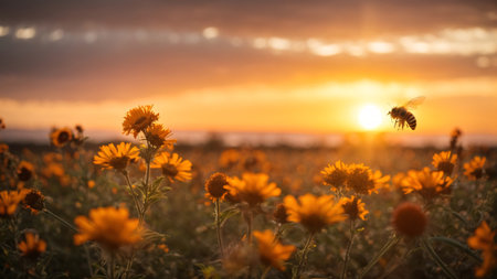 Sunflower field with bees at sunset. Shallow depth of field.の素材