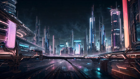 Futuristic city with high-rise buildings and high-rise buildingsの素材