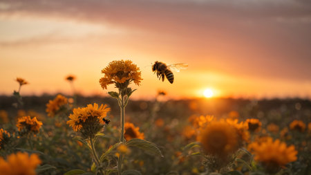 Sunflower field with bees at sunset. Sunflower field at sunset.の素材