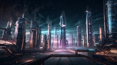 Futuristic city with high skyscrapers and high-rise buildingsの素材