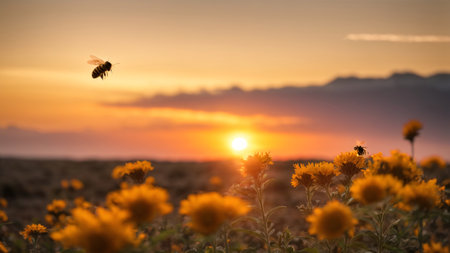 Bee flying over sunflower field at sunset. Nature background with copy space.の素材