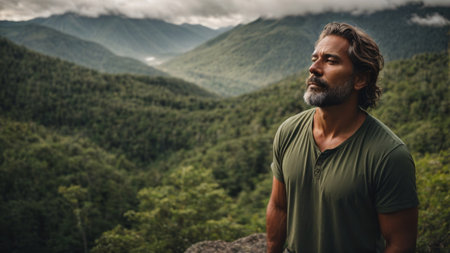 Handsome middle-aged man with beard and mustache looking at the mountainsの素材
