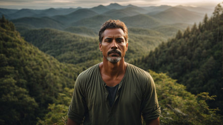 Handsome bearded man looking at camera while standing on top of a mountain.の素材