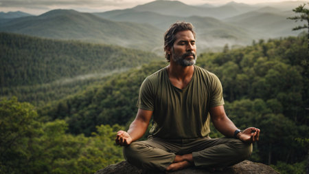 Handsome bearded Indian man meditating in lotus position on top of a mountain.の素材