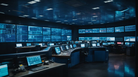 Security guard monitoring modern CCTV cameras in surveillance room. Toned imageの素材