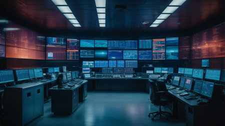 Security room with computers and monitors. Toned image. Selective focus.の素材