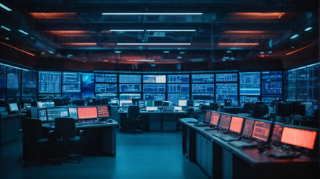 Security room with computers and monitors in surveillance room. Cybersecurity conceptの素材