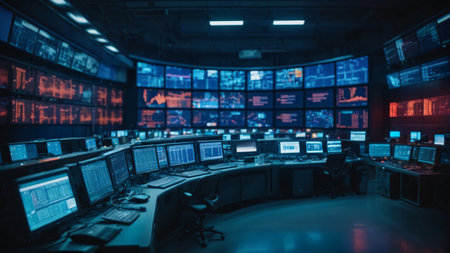 Modern computer room with rows of monitors and screens. Toned imageの素材