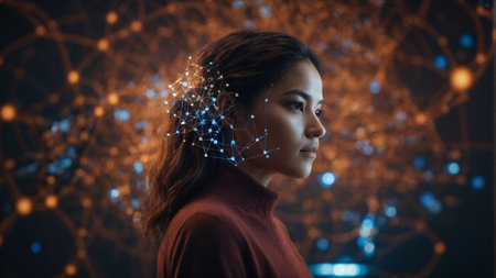 Portrait of asian young woman looking at network hologram on dark backgroundの素材