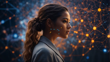 Side view of thoughtful young businesswoman against network hologram over dark backgroundの素材