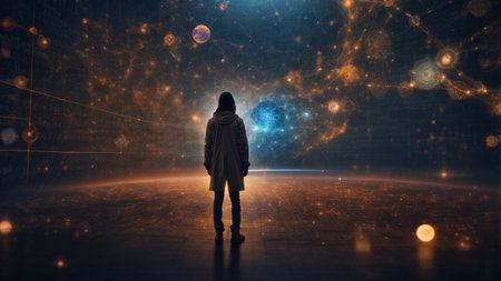 Hacker in a dark space with glowing lights and data concept on backgroundの素材