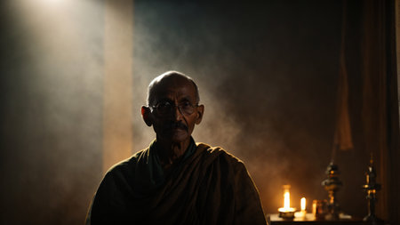 Portrait of a senior Buddhist monk in a dark room with candlesの素材
